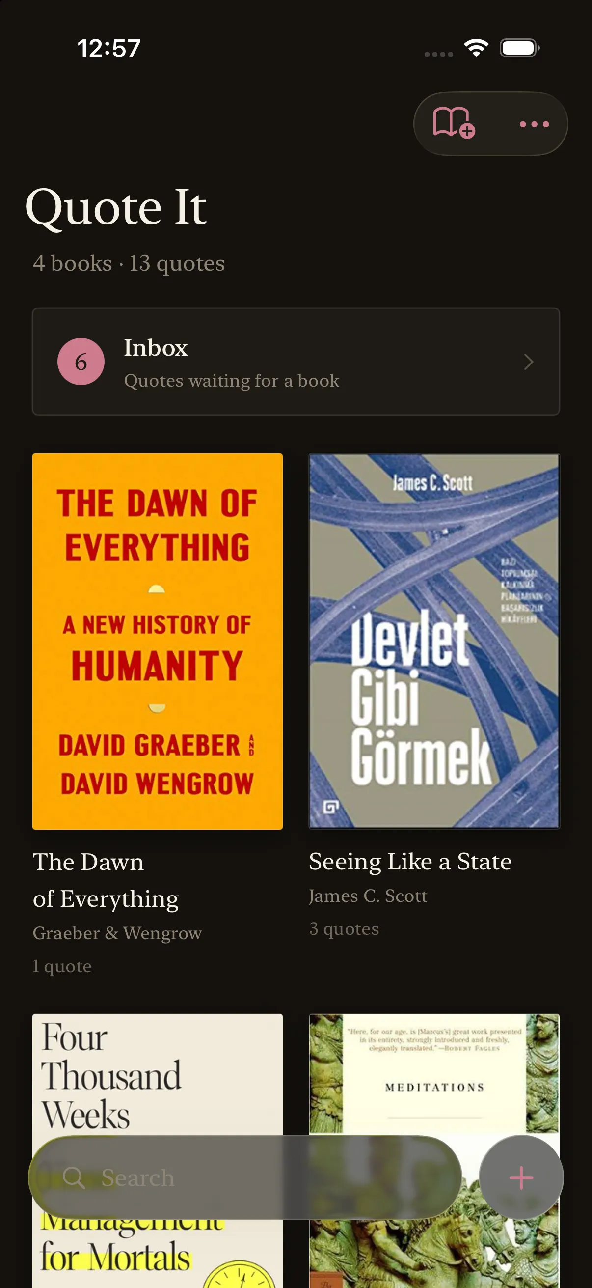 QuoteIt's library: an Inbox row with 6 quotes waiting for a book, above a shelf of book covers